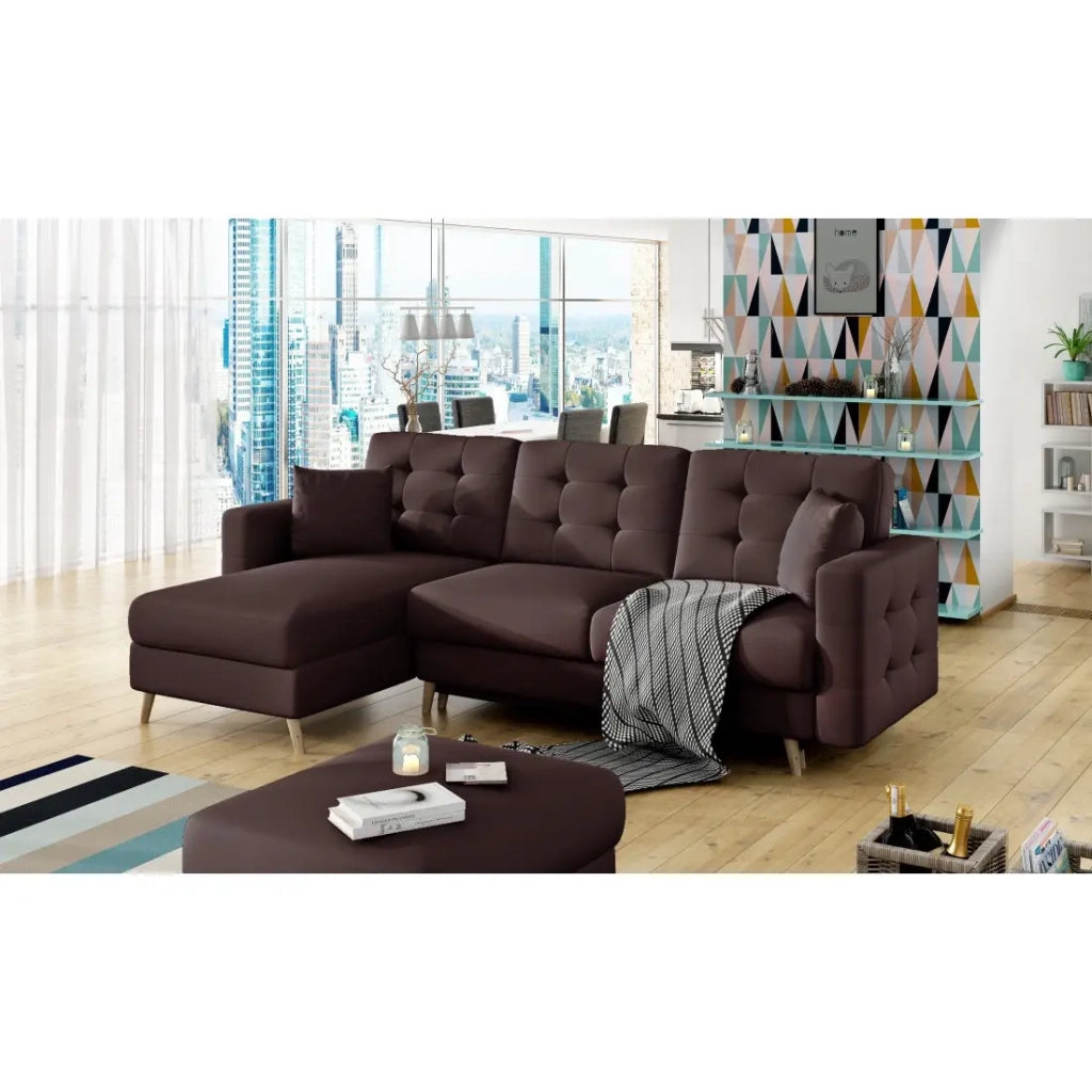 Divano ad angolo trasformabile HASGARD 3 posti marrone 248x162 cm – con contenitore e piedi in legno