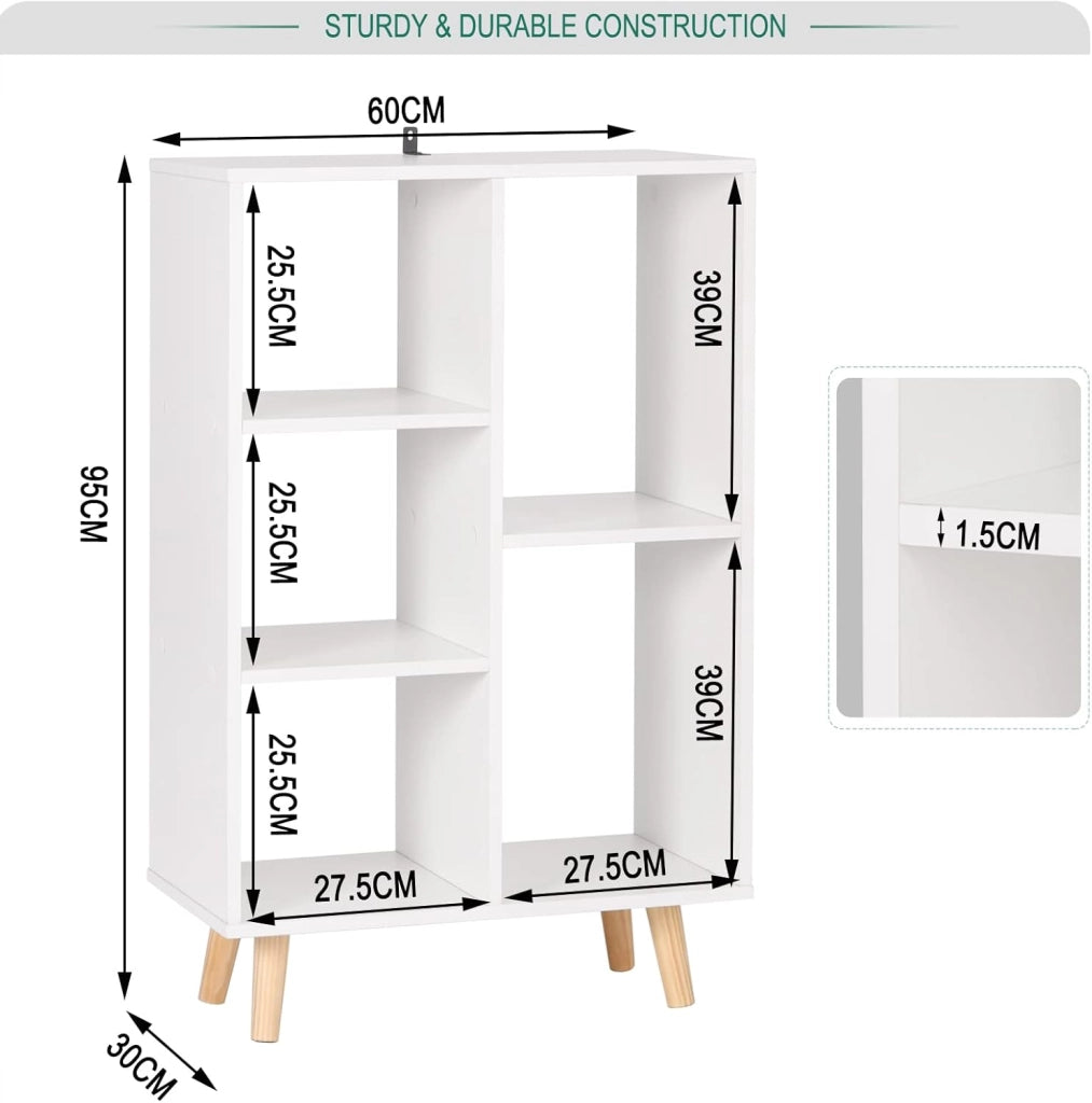 Libreria da Parete con 5 Vani Portaoggetti a Giorno, Scaffale Moderno Autoportante Salvaspazio per Soggiorno, Camera da Letto, Ufficio, Bianco, 60x95x30cm, SK011ws