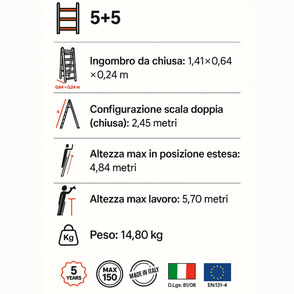 Scala telescopica professionale 5+5 alluminio rinforzato uso multifunzione en131-4