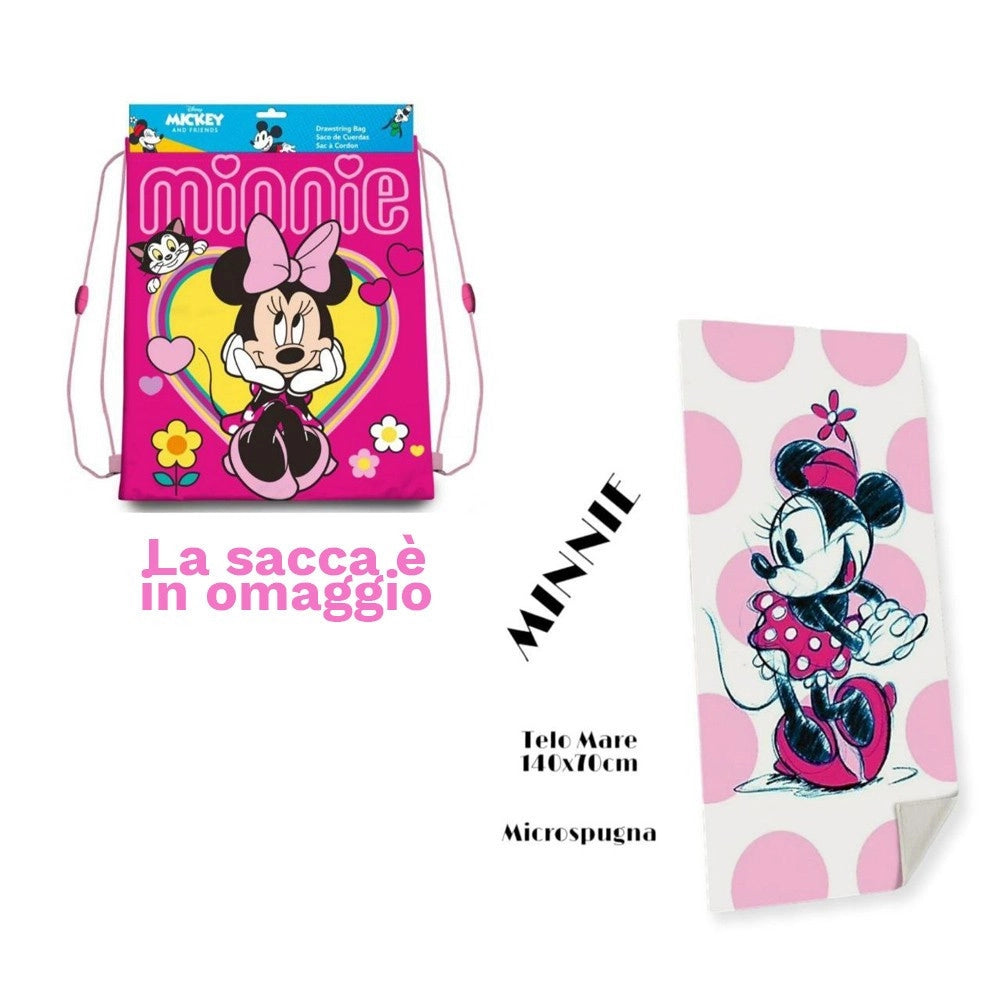 Trade Shop - Telo Mare In Cotone Minnie Mouse + Sacca In Omaggio Asciugamano Per Mare Piscina -