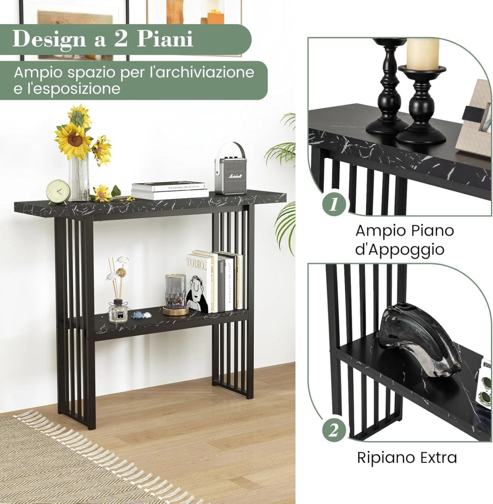 Tavolo da Ingresso Stretto e Compatto, Tavolo da Divano in Finto Marmo con Struttura in Acciaio, Consolle Moderno per Salotto e Corridoio, 120 x 29,5 x 92,5 cm (Nero)