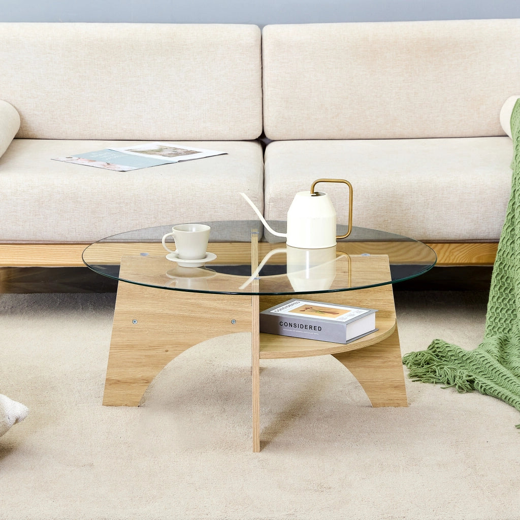 Tavolino da caffè rotondo in vetro temperato Ø 80 cm, design moderno con struttura in MDF effetto legno naturale, salvaspazio per soggiorno