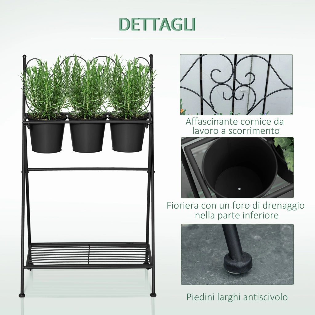 EasyComfort Portapiante in Metallo Pieghevole con 3 Vasi e Ripiano Inferiore per Casa e Giardino, 47x37x78.5cm, Nero