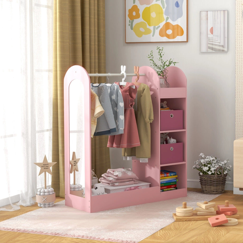 Appendiabiti per Bambini con Ripiani, Scatole e Specchio in Legno, Rosa