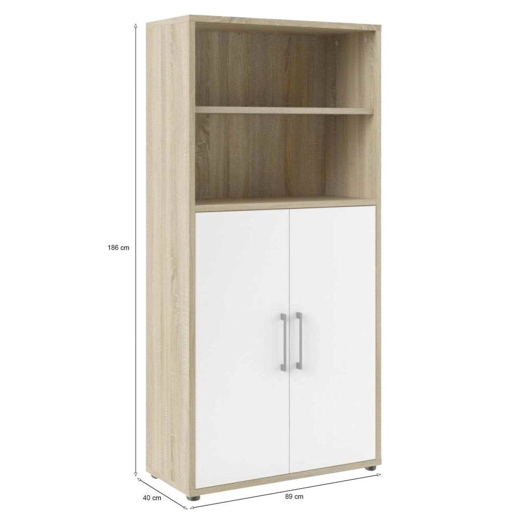 Credenza Saotome, Buffet da soggiorno, Madia da salotto, Dispensa da cucina, 89x40 h186 cm, Quercia e Bianco