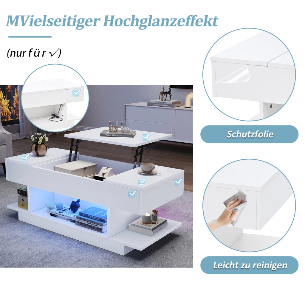 Tavolino elevabile bianco con luci LED e contenitore