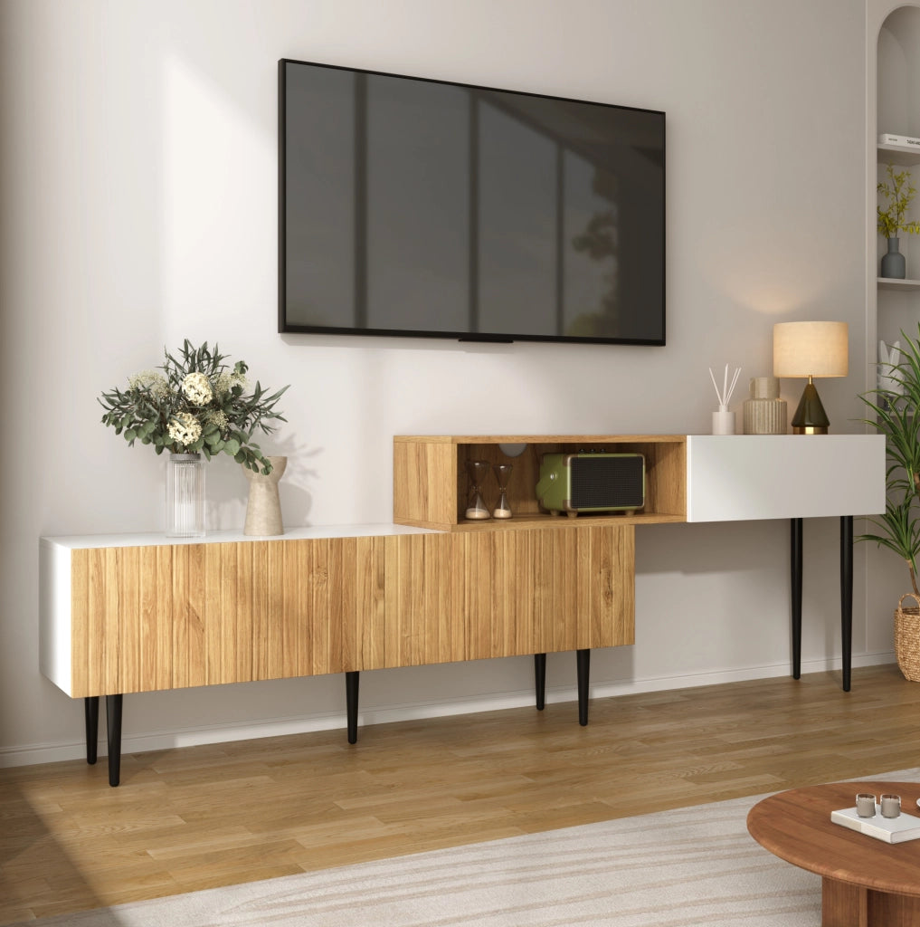 MOBILE TV modulare 240x30x63,5 cm Bianco e legno Set da 2 pezzi
