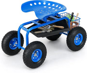 Sgabello da Giardino, Sgabello per Giardinaggio con Ruote, Sedile Regolabile in Altezza e Girevole a 360°, Cestello e Vassoio, Carrello per Prato e Giardino, Portata 150 kg (Blu)