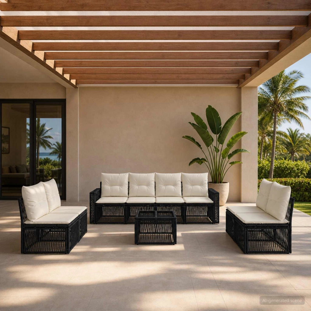 Set Divano da Giardino 9 pz Nero e Bianco Crema polyrattan 3435100