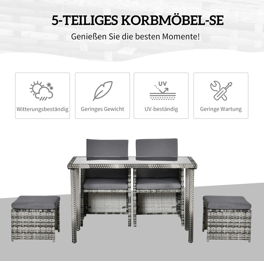 Set da pranzo da giardino in Polyrattan per 4 persone con cuscini, grigio, resistente alle intemperie