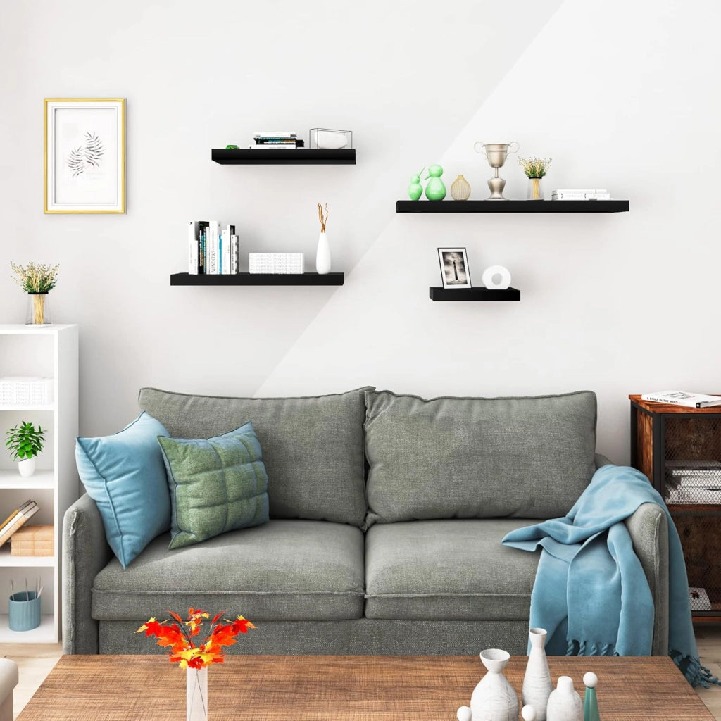 Mensola da Muro, Set di 4, Scaffale Sospeso da Parete Libreria Piccola per Soggiorno Cameretta Porta CD DVD, Pannello MDF 40x22,9x3,8cm, Nero, RG9476sz-4