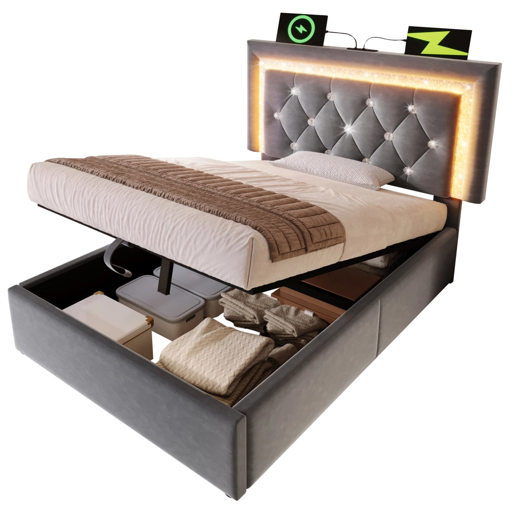 OKWISH Letto Contenitore 90×200 cm, Letto Singolo con LED Regolabile, USB, Tipo C e Testiera, Materasso Incluso, in Velluto, Grigio