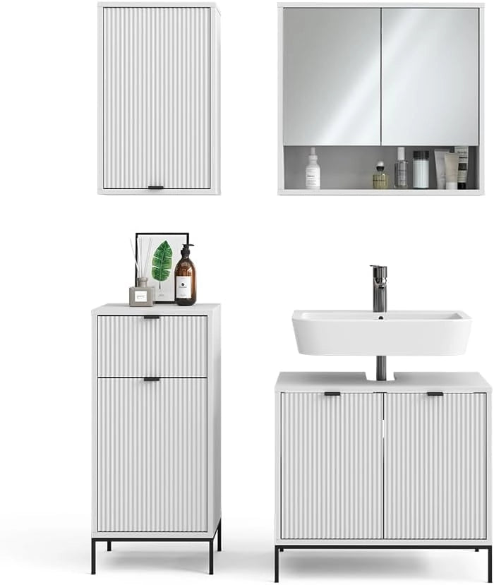 Set di mobili da bagno Eliza, Bianco, 70 cm, composto da mobile sottolavabo, specchiera, armadio medio e pensile