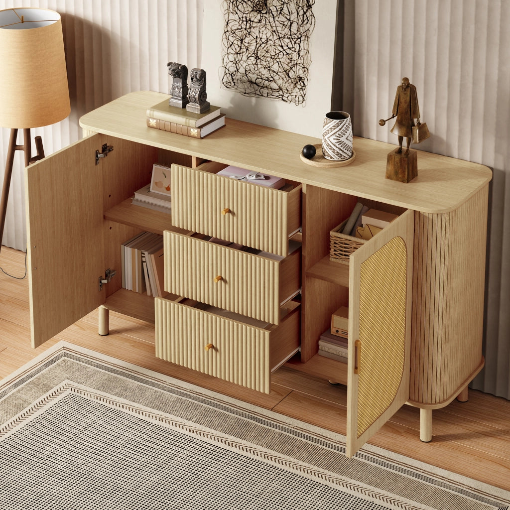 Credenza con 2 Ante in Rattan; 3 Cassetti e 2 Ripiani; Gambe in Metallo Effetto Legno; in MDF; 140??40??80 cm; Naturale