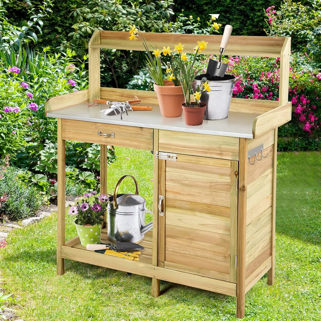 Tavolo Lavoro per Giardinaggio per Piante in Legno di Abete, Banco da Giardino con Cassetto, Armadietto, Mensola Aperta e 3 Ganci, Tavolo di Giardinaggio, 112 x 46 x 125 cm, Naturale