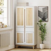 Credenza da cucina alta  con 4 ante, 2 cassetti e mensole regolabili, 80x35x170cm, Bianco e quercia