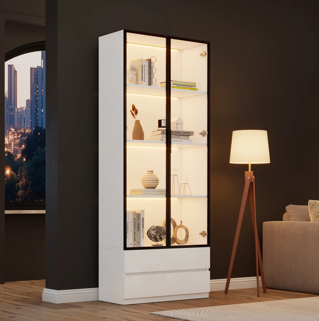 Vetrina alta 200 cm con LED; 2 ante in vetro e 2 cassetti; bianco