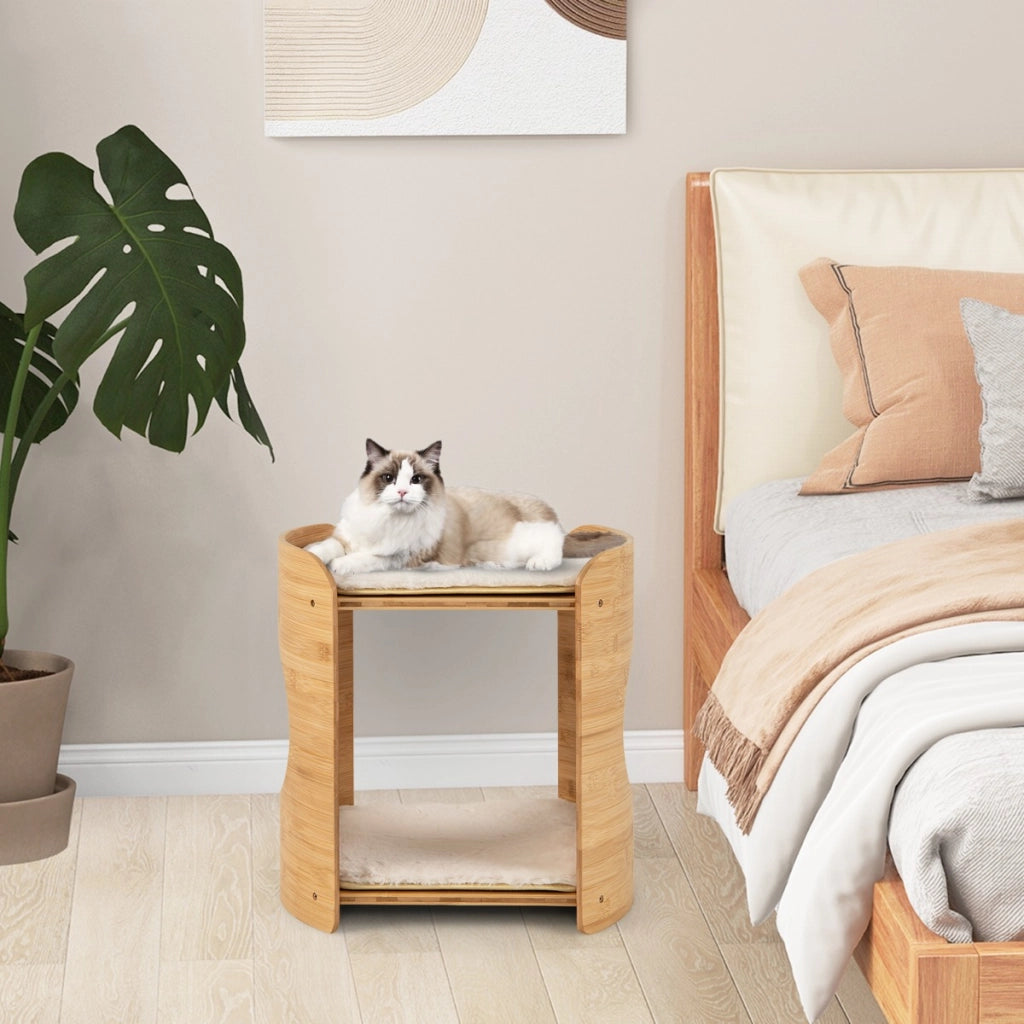 Letto rialzato per gatti a 2 livelli con struttura in bamb¨´ tappetini rimovibili e lavabili-Albero per gatti Beige