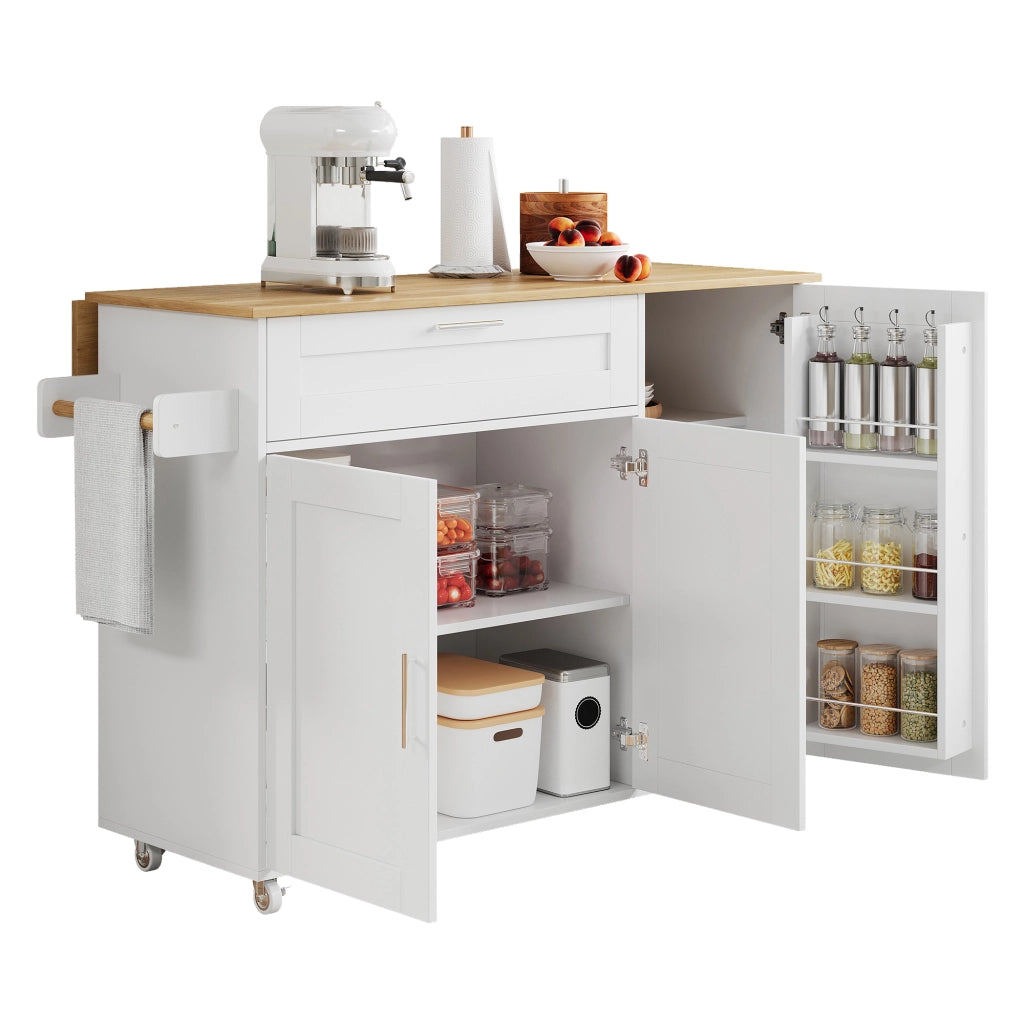 Isola da Cucina Mobile 132;5x44/70x90 cm con Piano Ribaltabile; Mobile Contenitore; Portaspezie; Portasciugamani e 5 Ruote