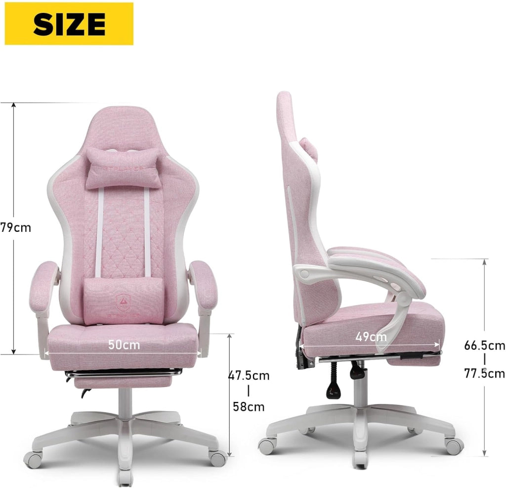 Sedia da gaming, ergonomica, da scrivania, con superficie in tessuto, cuscino a molla, braccioli di collegamento e poggiapiedi, bianco-rosa