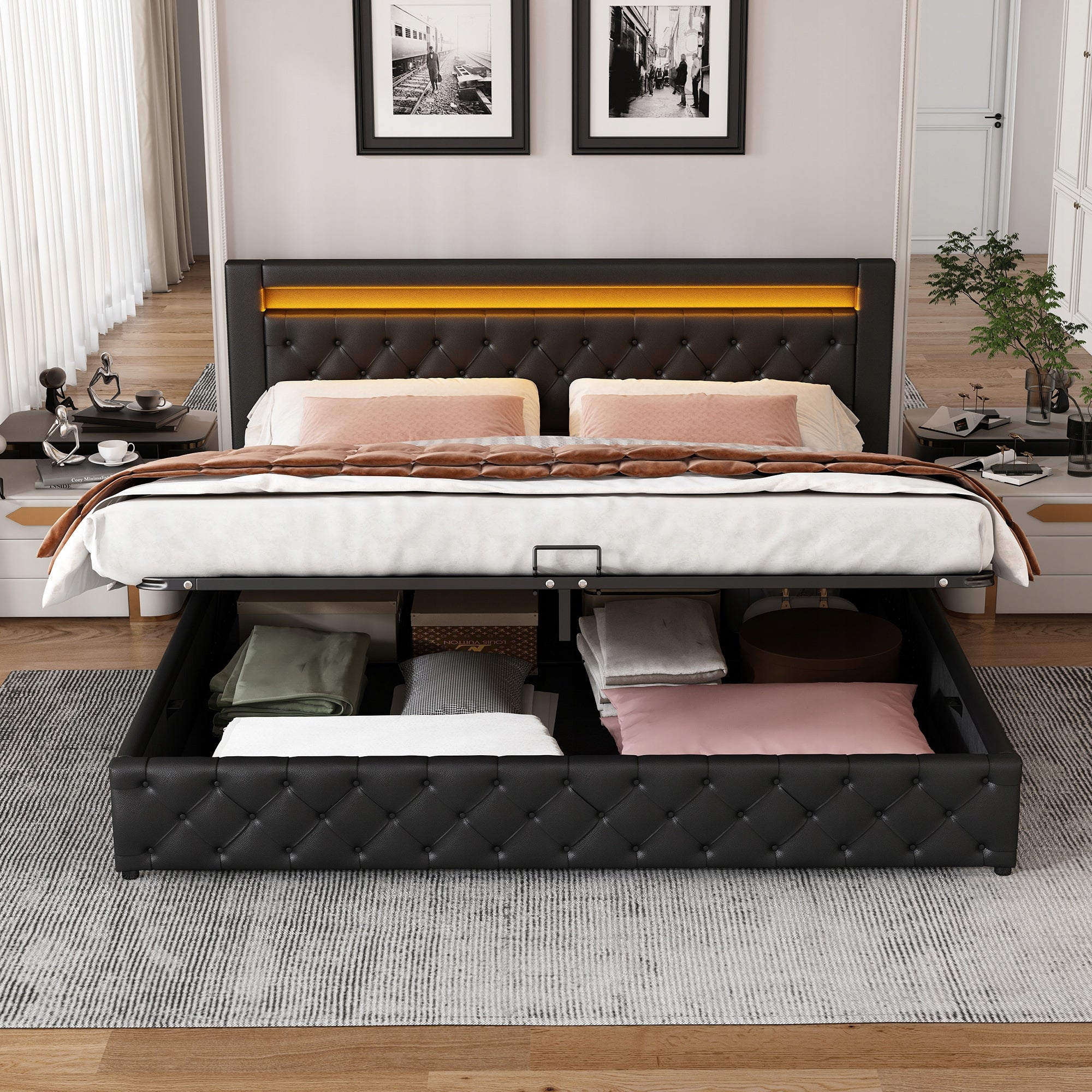 Letto 180x200cm con LED e ripostiglio - Xylo - PU, Colore Nero