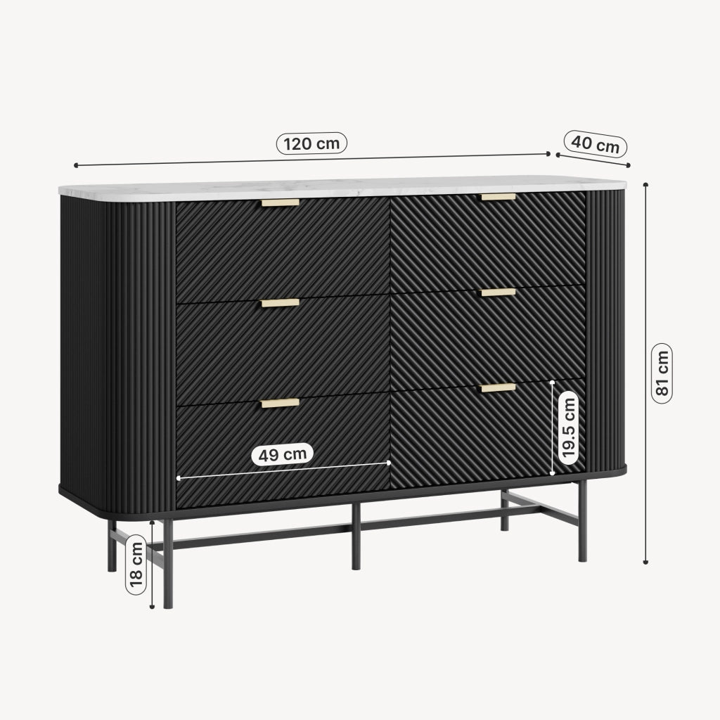 Comò a 6 Cassetti Olvehok Cassettiera 120 x 40 x 81 cm - Nero/Effetto Marmo Bianco [en.casa]