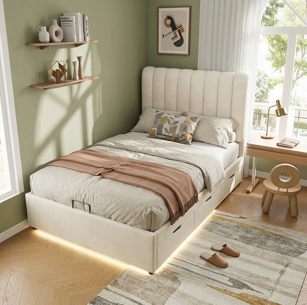 Letto contenitore 90x200 cm con cassetti e LED in velluto beige