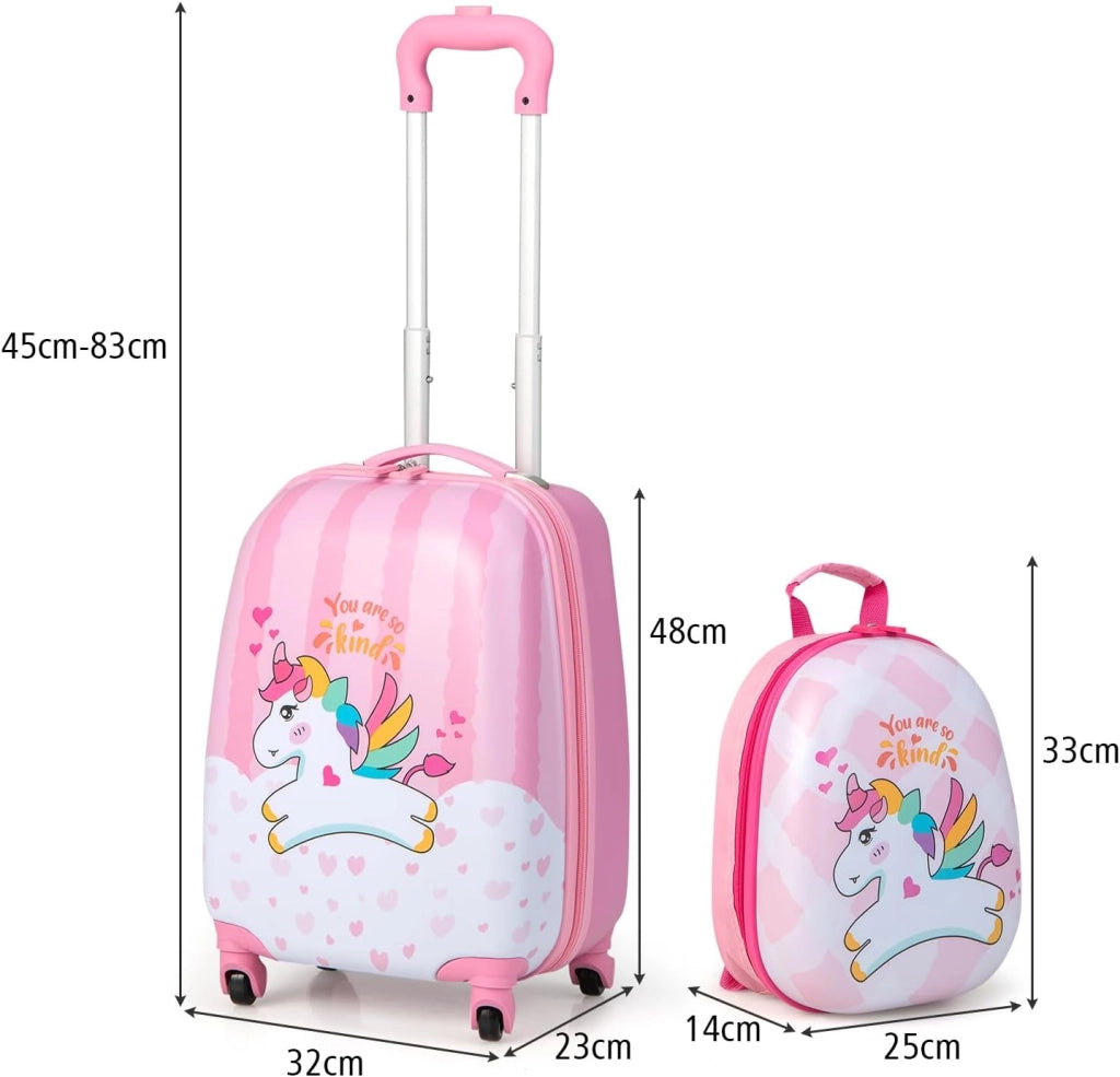 Valigia per bambini con ruote leggere con zainetto, bagaglio cabina bambino con spazio sufficiente per viaggiare, scuola, campeggio, rosa, unicorno