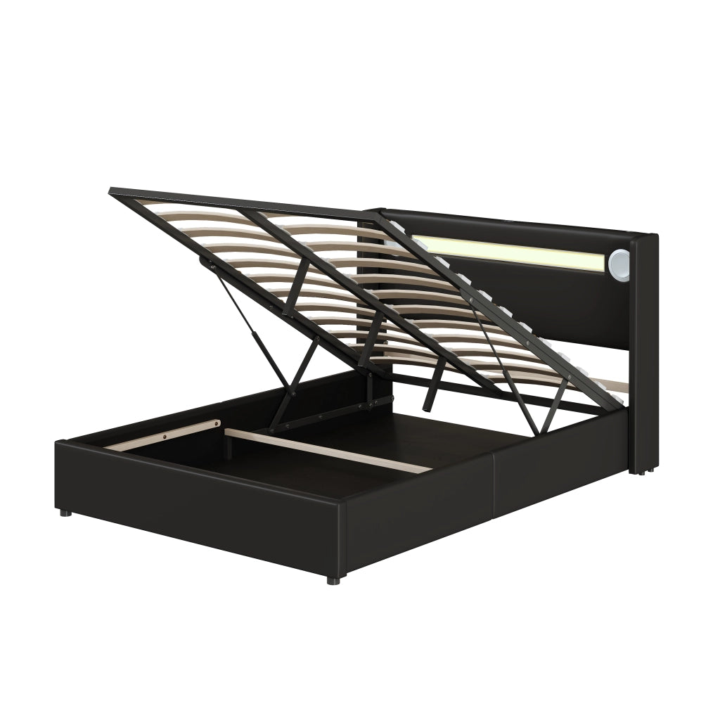 Letto Contenitore Imbottito con LED 140x200 ¨C MINIMAL ¨C Similpelle Nero, Rete a Doghe
