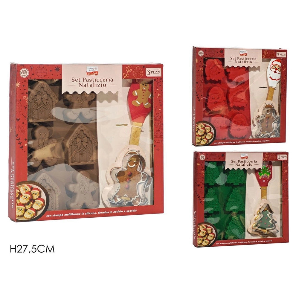 Trade Shop - Set Per Pasticceria Natalizio 3pz Stampo Multiforme In Silicone Formina In Acciaio Spatola -