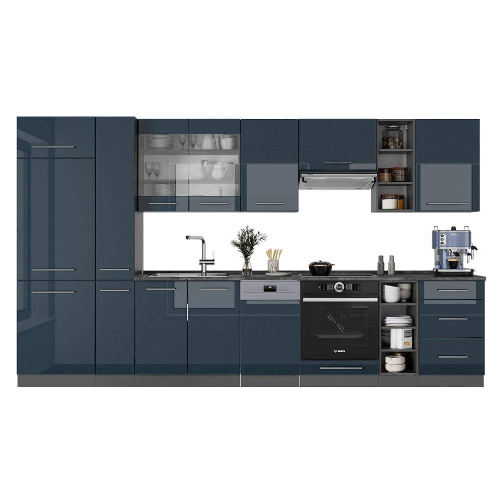 Cucina componibile Fame-Line Blu scuro lucido/Antracite 355 cm, PL Marmo Vicco