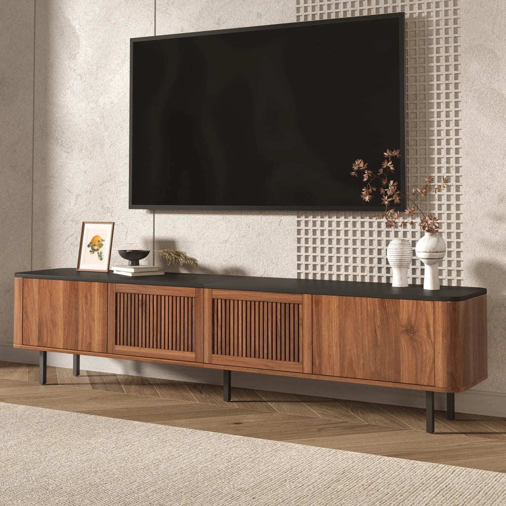 Mobile Porta TV Noce e Nero 190 cm con Ante a Griglia; MDF e Gambe in Ferro