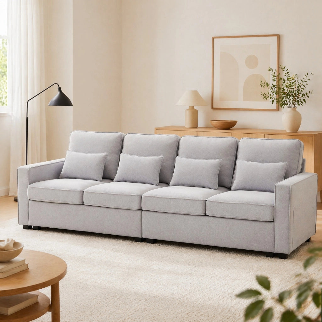 Divano Lineare 4 Posti con Tasche Laterali e 4 Cuscini Lombari, in Lino Grigio 264 × 83 × 87 cm