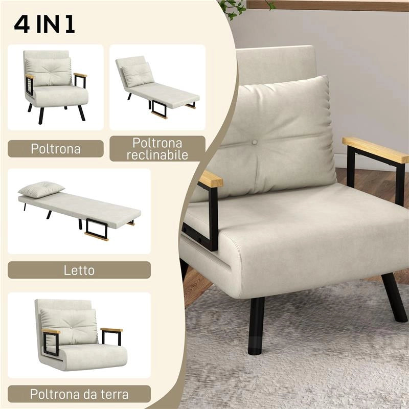 POLTRONA LETTO 3 IN 1 CON SCHIENALE RECLINABILE E CUSCINO IN TESSUTO EFFETTO VELLUTO 63X73X81 CM CREMA