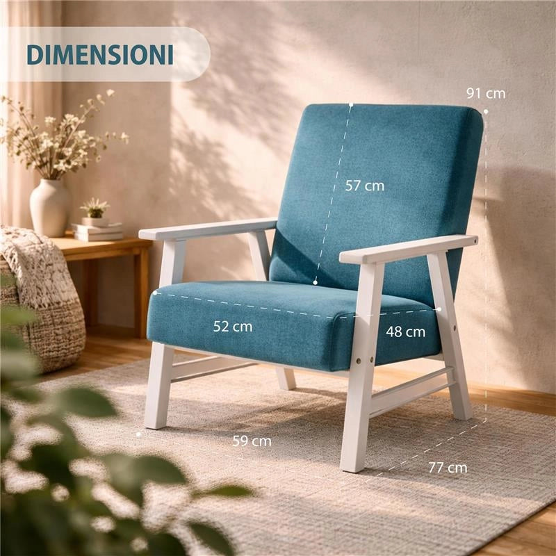 POLTRONA ORTIGIA DA ARREDO IN LEGNO BIANCO ANILINA E TESSUTO COLOR PETROLIO 59X77X91H CM