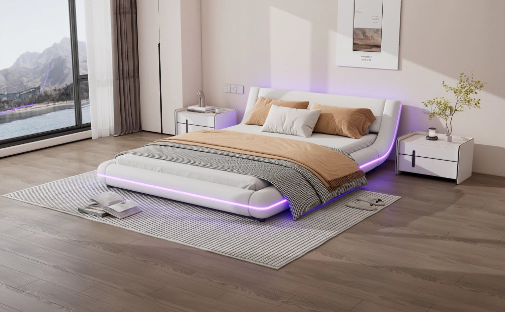 DESMIU Lit basso 140 × 200 cm 2 posti con LED regolabile, senza materasso, in PU e MDF, bianco