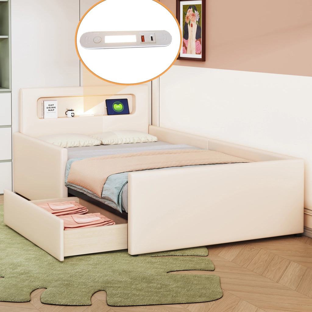 OKWISH Letto Bambino 90×200 cm, Letto Singolo con USB, Luce Notturna e Cassetto Contenitore, senza Materasso, in Ecopelle, Beige