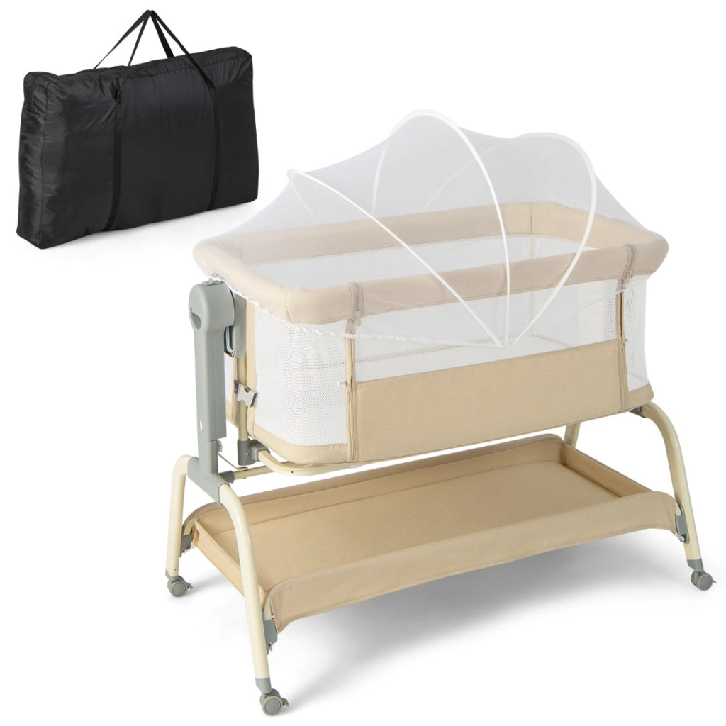 Culla per neonati con 6 altezze regolabili materasso rete a 4 lati cesto portaoggetti, Culla portatile Beige