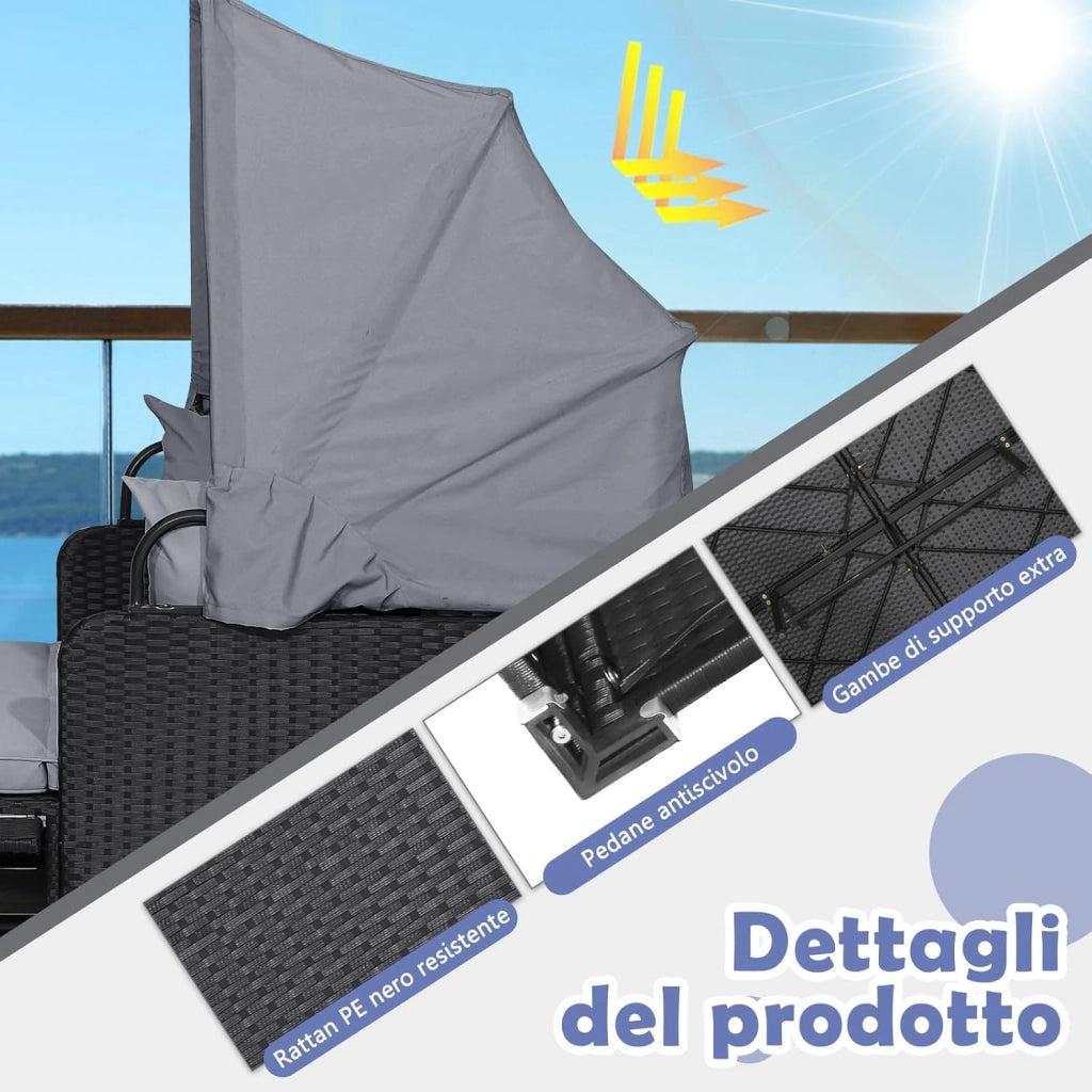 Lettino Prendisole per 2 Persone, Divano Letto Matrimoniale da Esterno in Rattan con Tettuccio Retrattile e Cuscini, Isola Prendisole per Giardino Cortile Balcone,165 x 153 x 138 cm (Grigio)