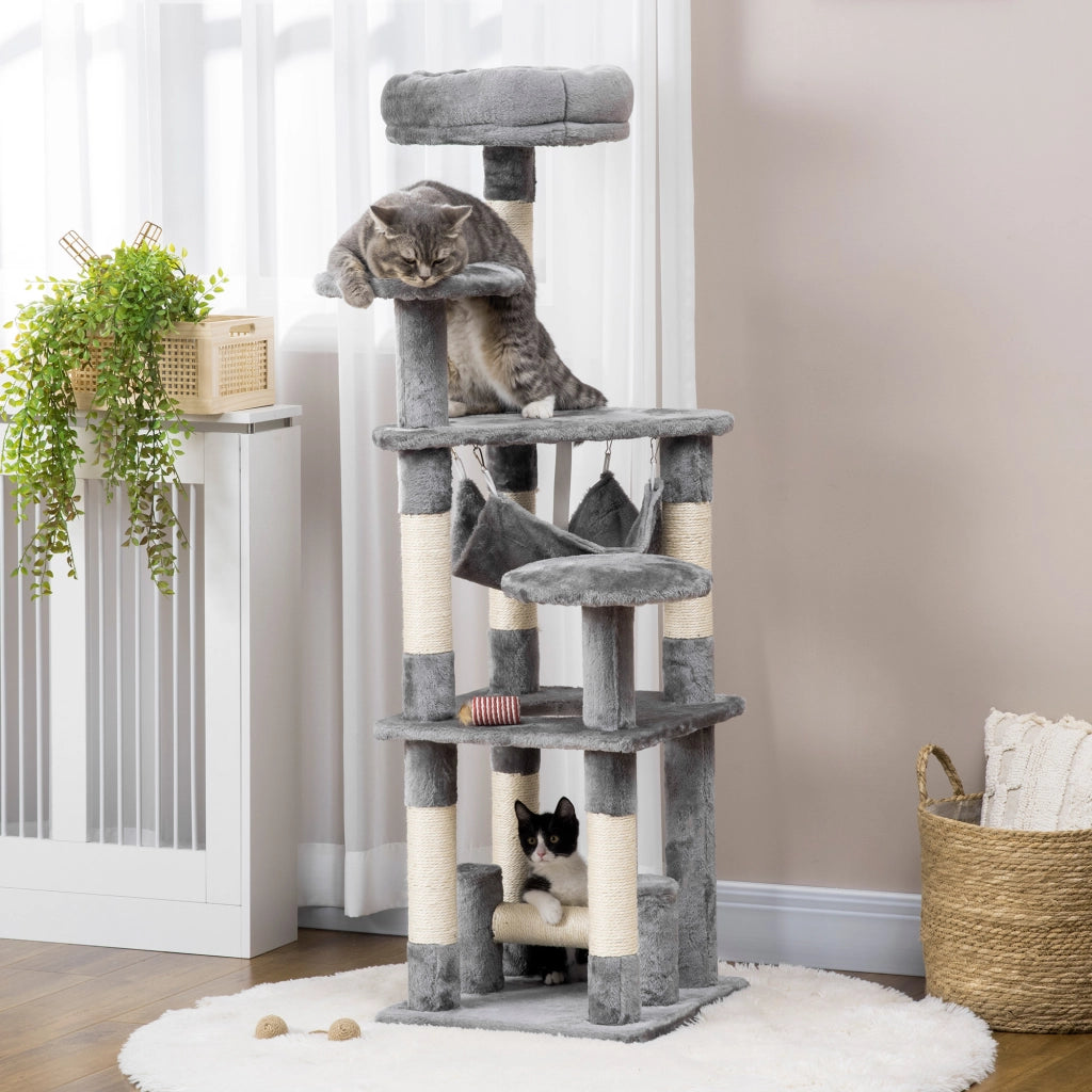 Albero Tiragraffi per Gatti 4 Livelli con Amaca e Piattaforme ¨C zephmum ¨C Grigio 132cm