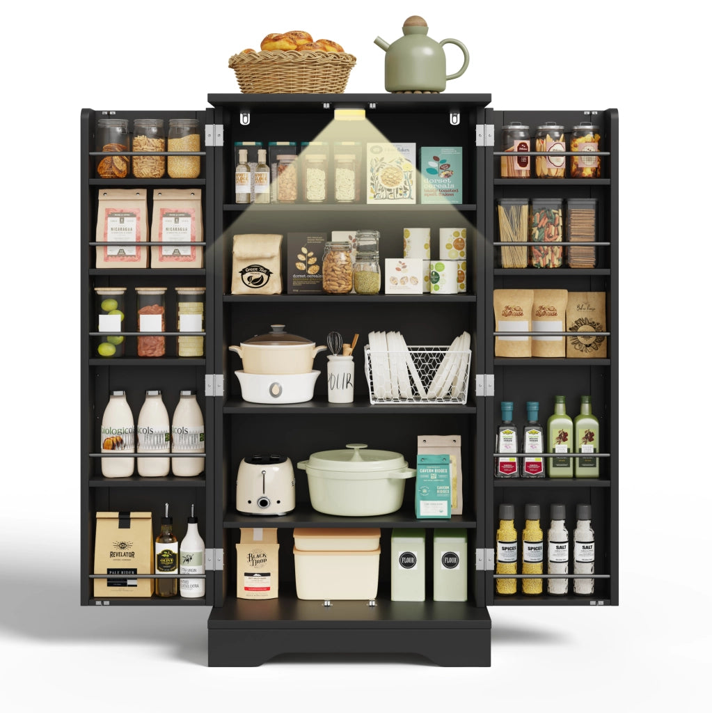 Credenza alta moderna 120x60x40 cm in MDF nero con luce LED sensore e ante scanalate