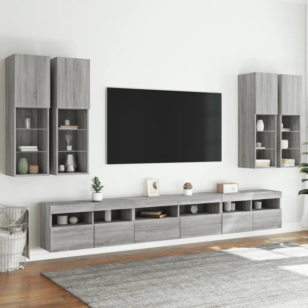 Set Mobili TV a Muro 7 pz con Luci LED Grigio Sonoma 3216783