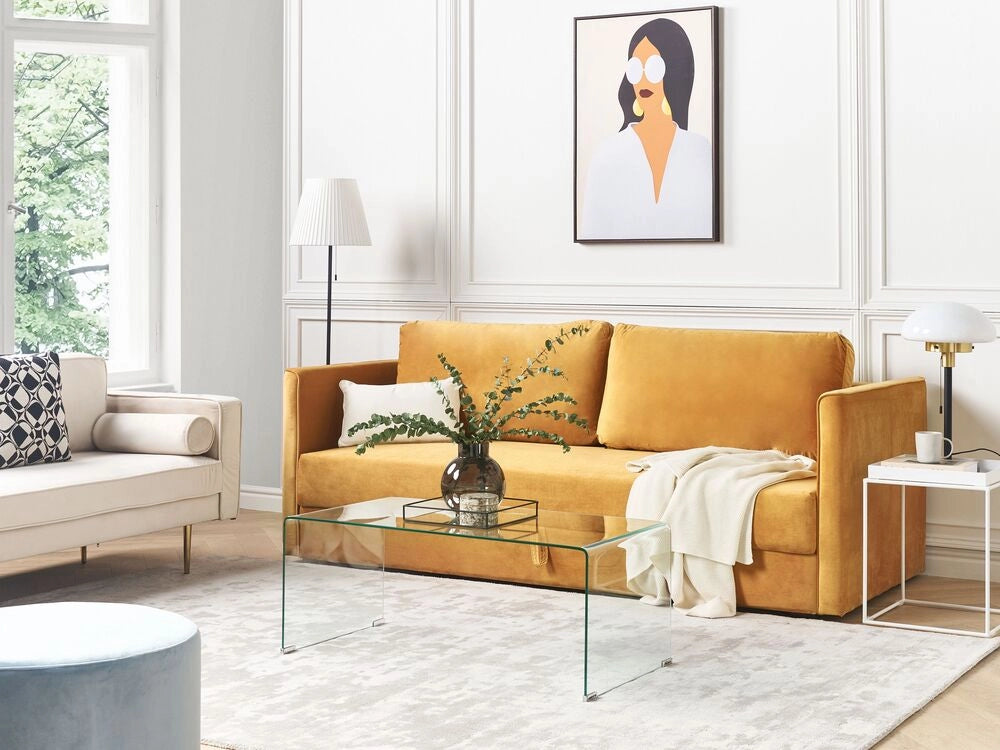 Divano letto in velluto giallo con 3 posti con vano portaoggetti e cuscini sfoderabili stile moderno classico soggiorno