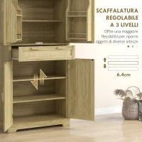 Credenza Cucina Stile Boho con 2 Armadietti, Cassetto e Portaspezie in Legno e Rattan, 76x40x183cm, Rovere
