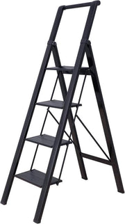 Trapladder leggera, a richiudibile, con cinturone di sicurezza in alluminio, pedale antiscivolo e protezione laterale, 4 gradini, per uso domestico, ufficio, pittura e piante, nero