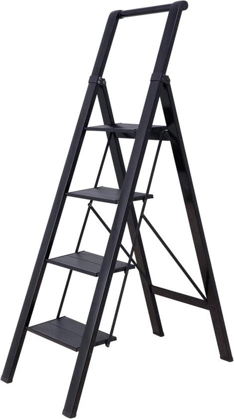 Trapladder leggera, a richiudibile, con cinturone di sicurezza in alluminio, pedale antiscivolo e protezione laterale, 4 gradini, per uso domestico, ufficio, pittura e piante, nero