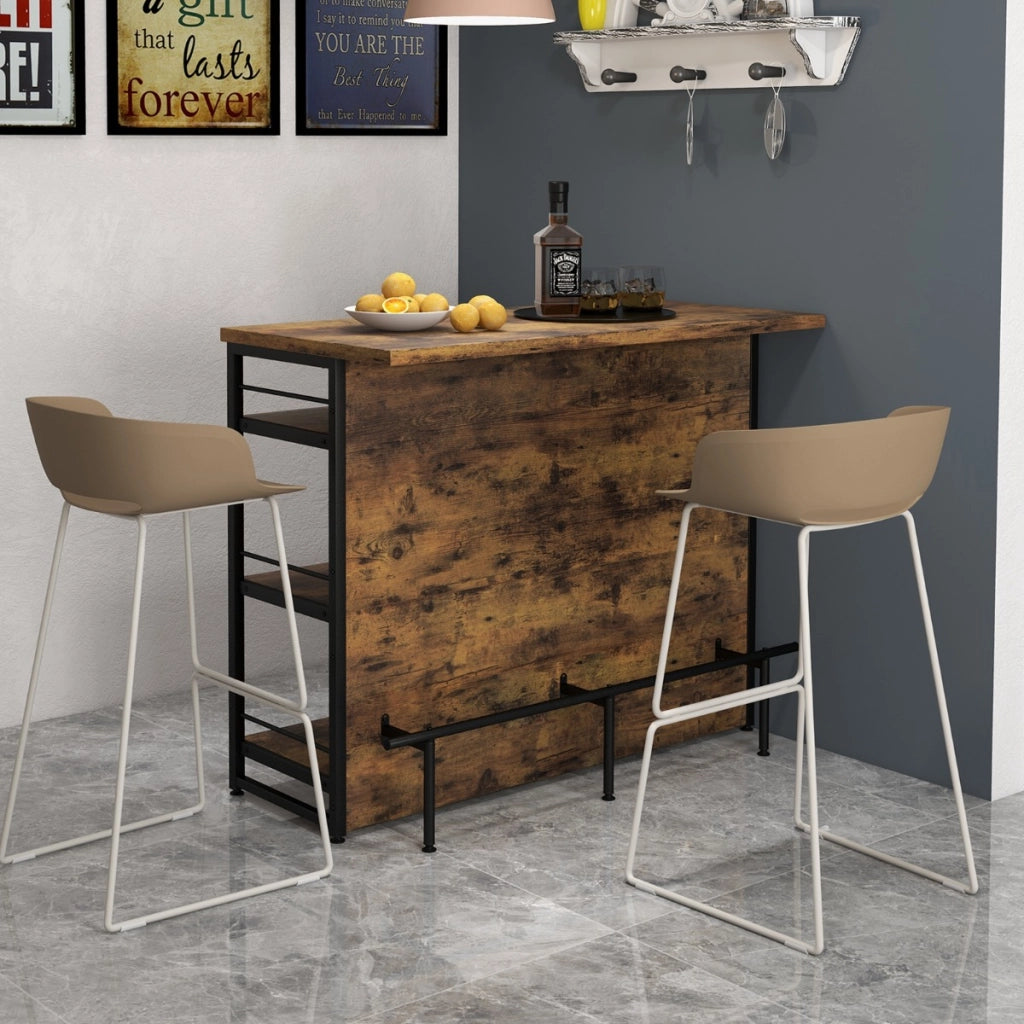 Isola cucina stile industriale con 3 ripiani aperti portabottiglie e porta calici, Mobile bar con poggiapiedi Marrone-Tavoli da pranzo