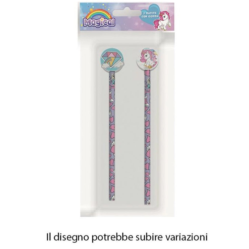 Trade Shop - Kit 2pz Matite Con Gomma Rotonda Grafica Magico Unicorno Per Disegno Scuola Bambine 737922 -
