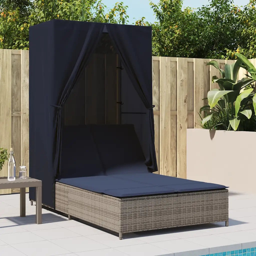 Lettino Prendisole Doppio Tetto e Tende Grigio in Polyrattan 368106