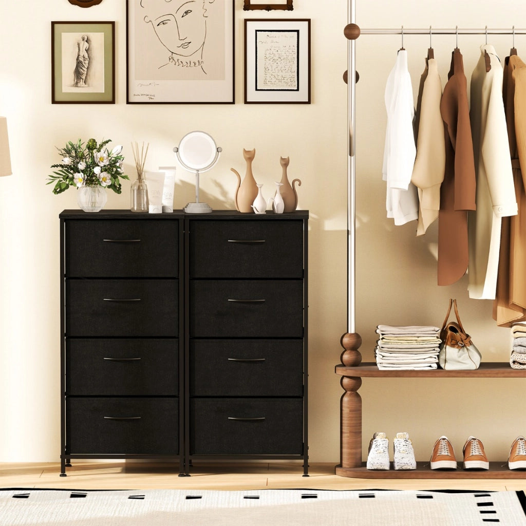Cassettiera con 4 cassetti torre portaoggetti in tessuto con piano in legno, Cassettiera maniglie facili da tirare Nero-Comodini